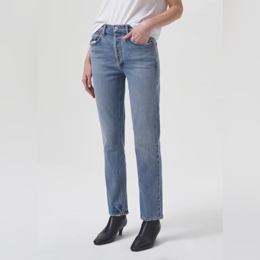 Agolde Riley Long High Rise Button Fly Distressed Hem Straight Leg Jeans 24 - Picture 14 of 16